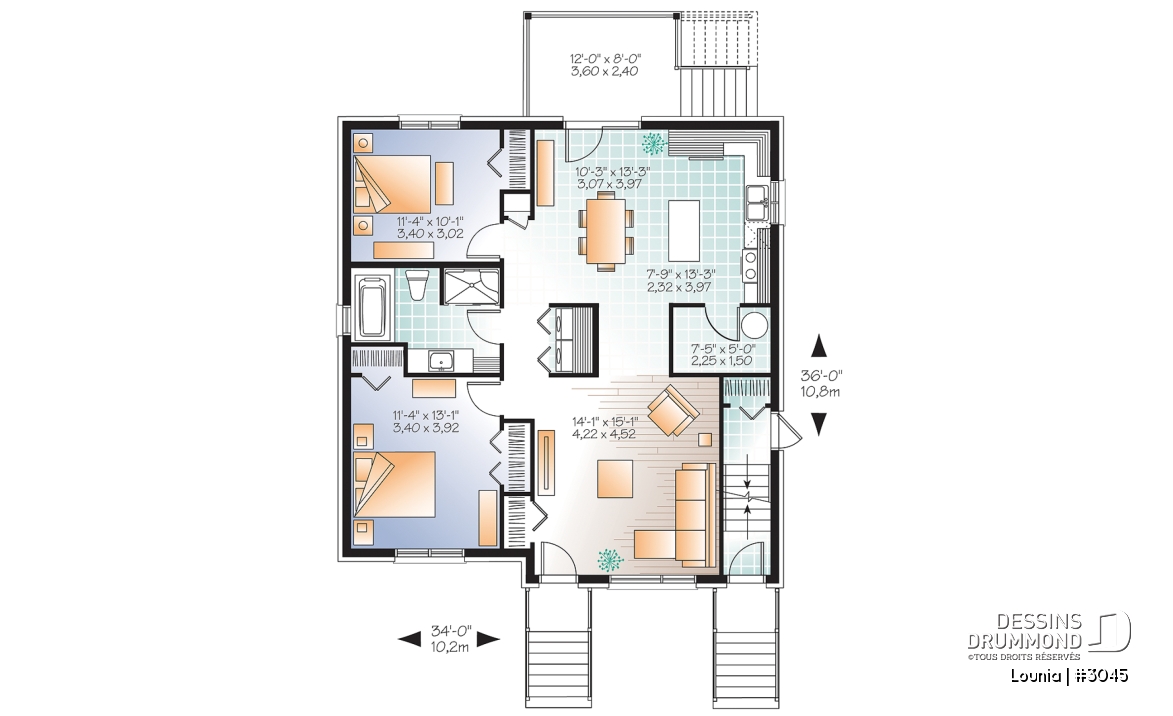 Rez-de-chaussée - Plan de 3 logement,  modèle triplex moderne, 2 chambres, buanderie, balcon, garde-manger - Lounia