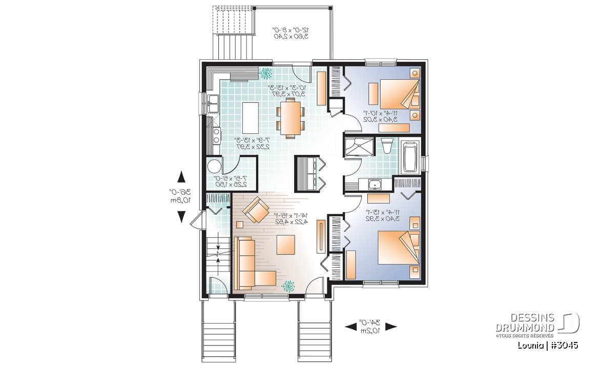 Rez-de-chaussée - Plan de 3 logement,  modèle triplex moderne, 2 chambres, buanderie, balcon, garde-manger - Lounia