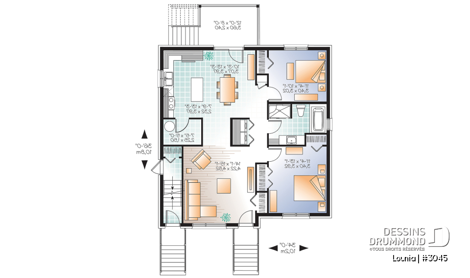 Rez-de-chaussée - Plan de 3 logement,  modèle triplex moderne, 2 chambres, buanderie, balcon, garde-manger - Lounia