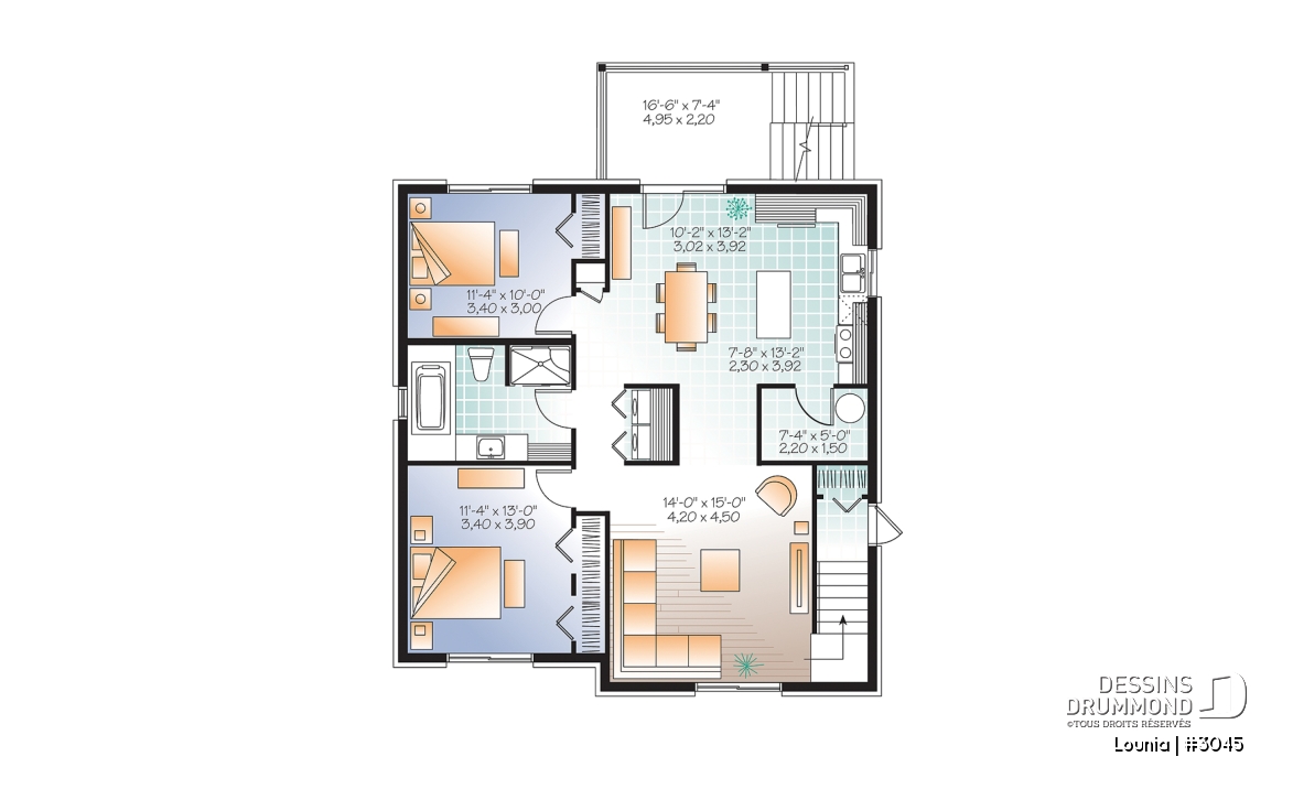 Sous-sol - Plan de 3 logement,  modèle triplex moderne, 2 chambres, buanderie, balcon, garde-manger - Lounia