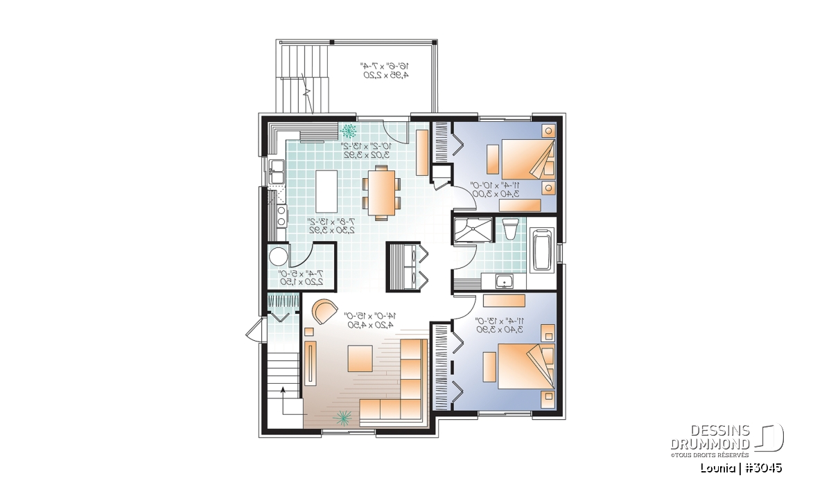 Sous-sol - Plan de 3 logement,  modèle triplex moderne, 2 chambres, buanderie, balcon, garde-manger - Lounia