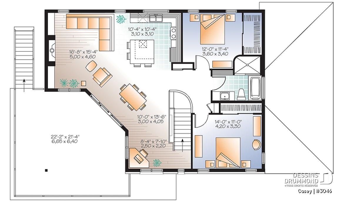 Étage - Plan de maison bi-génération contemporaine, 1 ou 2 chambres et grande terrasse à chaque unité - Casey