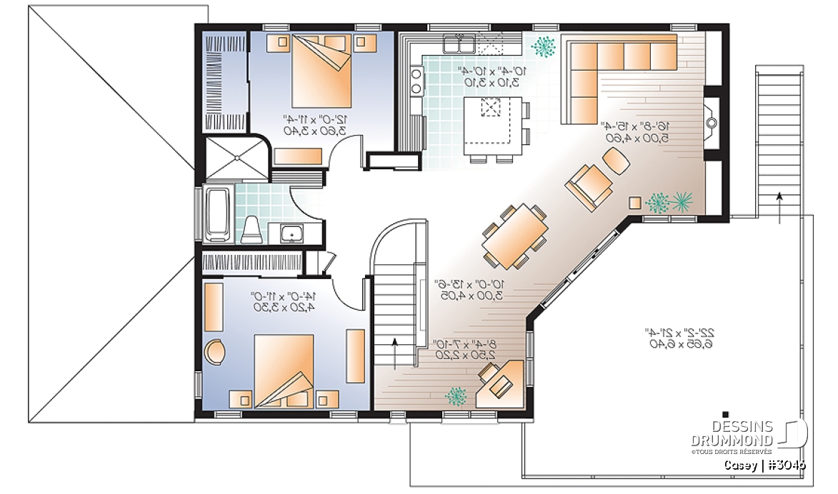 Étage - Plan de maison bi-génération contemporaine, 1 ou 2 chambres et grande terrasse à chaque unité - Casey