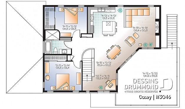 Étage - Plan de maison bi-génération contemporaine, 1 ou 2 chambres et grande terrasse à chaque unité - Casey