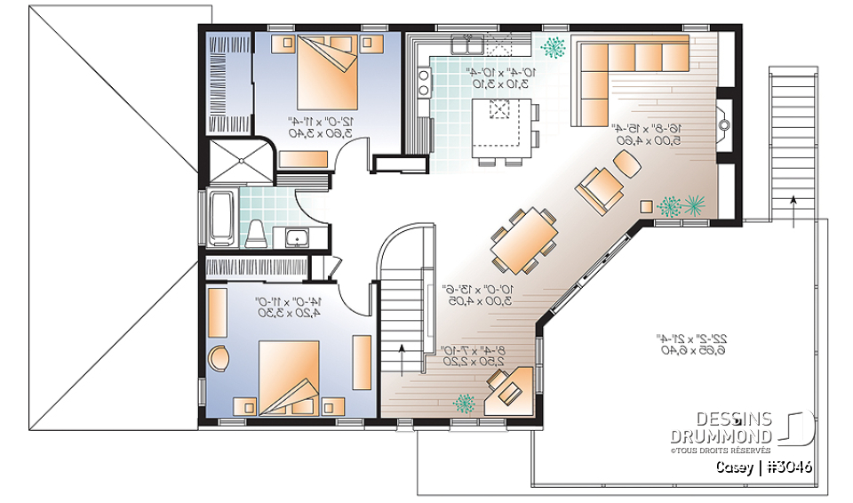 Étage - Plan de maison bi-génération contemporaine, 1 ou 2 chambres et grande terrasse à chaque unité - Casey