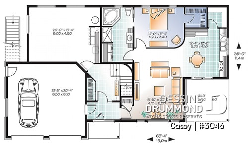 Rez-de-chaussée - Plan de maison bi-génération contemporaine, 1 ou 2 chambres et grande terrasse à chaque unité - Casey