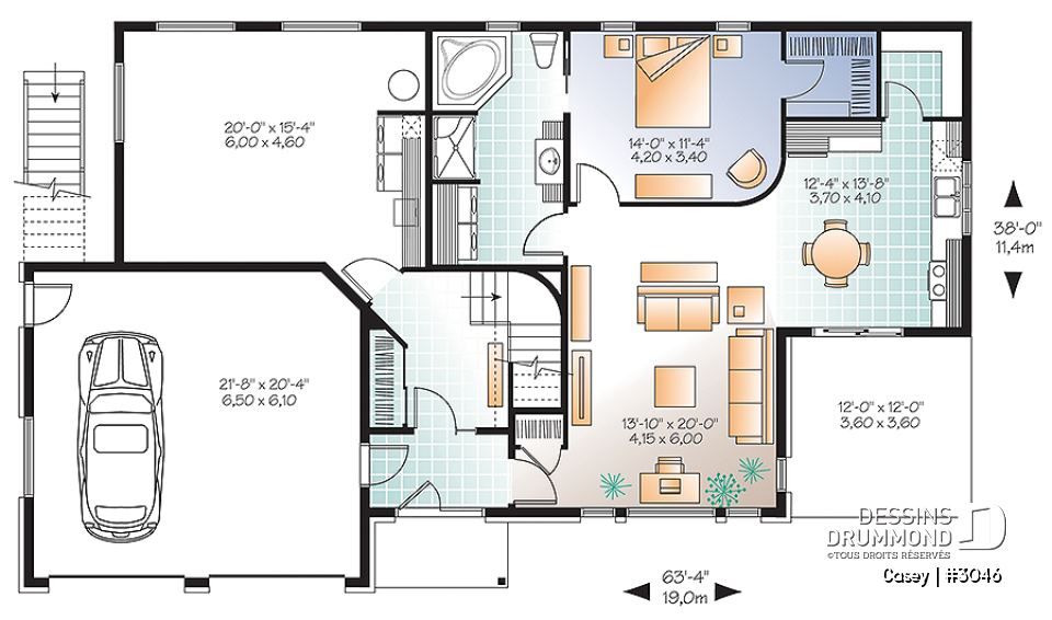 Rez-de-chaussée - Plan de maison bi-génération contemporaine, 1 ou 2 chambres et grande terrasse à chaque unité - Casey