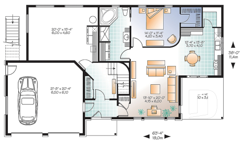 Rez-de-chaussée - Plan de maison bi-génération contemporaine, 1 ou 2 chambres et grande terrasse à chaque unité - Casey