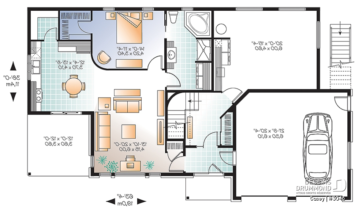 Rez-de-chaussée - Plan de maison bi-génération contemporaine, 1 ou 2 chambres et grande terrasse à chaque unité - Casey