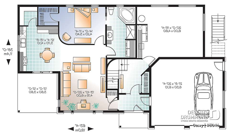 Rez-de-chaussée - Plan de maison bi-génération contemporaine, 1 ou 2 chambres et grande terrasse à chaque unité - Casey