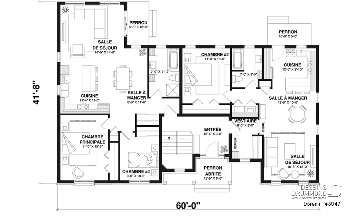 Rez-de-chaussée - Plan de maison intergénérationnelle, 2 grands logements, entrée commune, beau style champêtre - Doremi