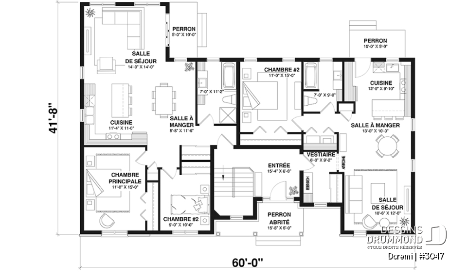 Rez-de-chaussée - Plan de maison intergénérationnelle, 2 grands logements, entrée commune, beau style champêtre - Doremi