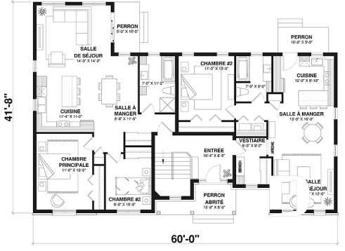 Rez-de-chaussée - Plan de maison intergénérationnelle, 2 grands logements, entrée commune, beau style champêtre - Doremi