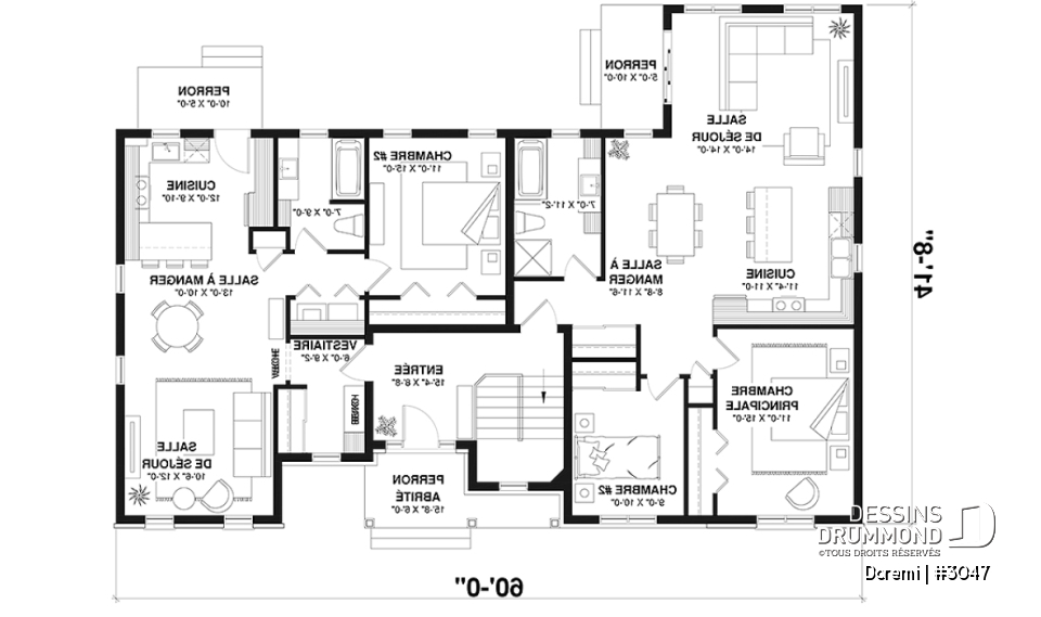 Rez-de-chaussée - Plan de maison intergénérationnelle, 2 grands logements, entrée commune, beau style champêtre - Doremi