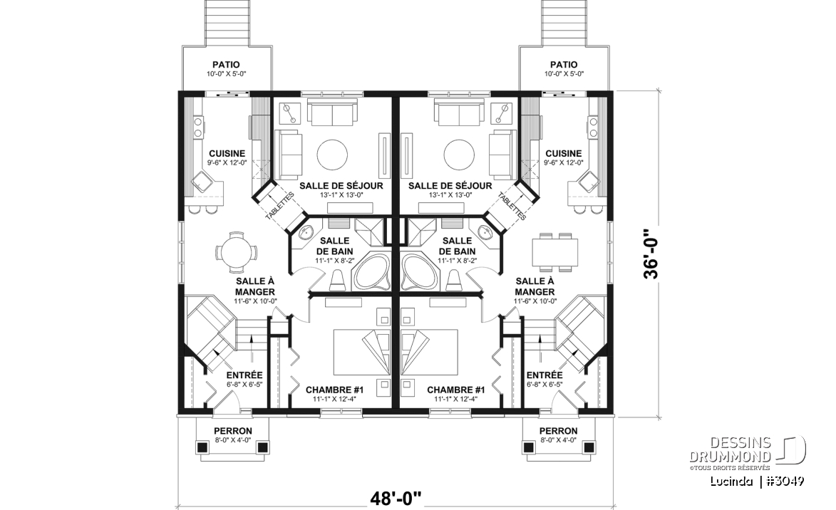 Rez-de-chaussée - Plan de Jumelé avec sous-sol aménagé optionnel ($), chambre des maîtres au r-d-c, 1 à 3 chambres, entrée split - Lucinda 