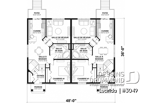 Rez-de-chaussée - Plan de Jumelé avec sous-sol aménagé optionnel ($), chambre des maîtres au r-d-c, 1 à 3 chambres, entrée split - Lucinda 