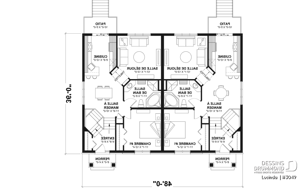 Rez-de-chaussée - Plan de Jumelé avec sous-sol aménagé optionnel ($), chambre des maîtres au r-d-c, 1 à 3 chambres, entrée split - Lucinda 