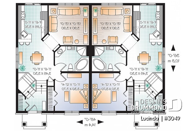 Rez-de-chaussée - Plan de Jumelé de 3 chambres par unité, entrée split, chambre des maîtres au r-d-c, 2 salles de bain - Lucinda 