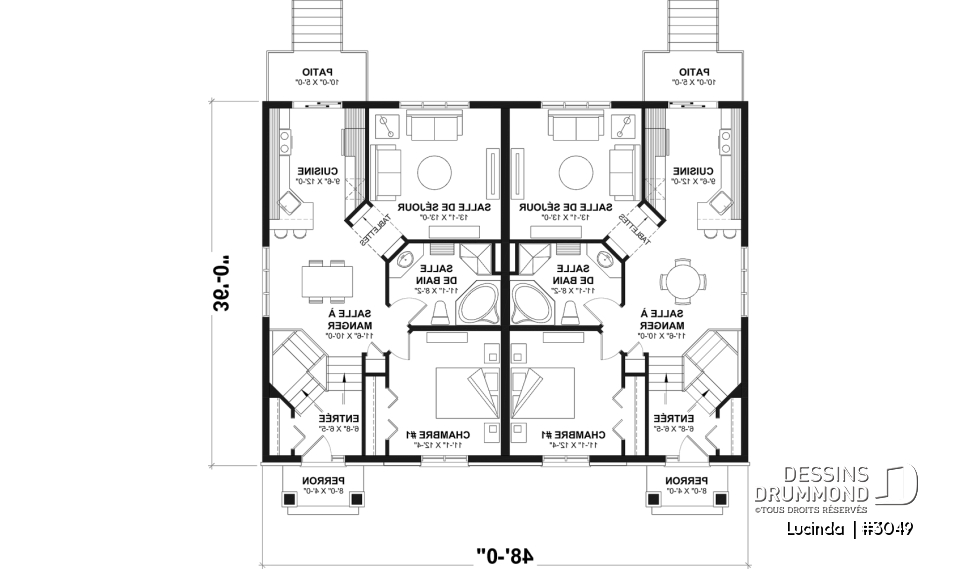 Rez-de-chaussée - Plan de Jumelé avec sous-sol aménagé optionnel ($), chambre des maîtres au r-d-c, 1 à 3 chambres, entrée split - Lucinda 