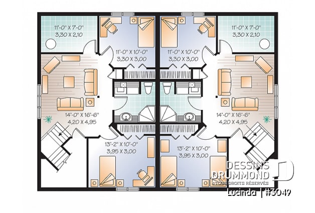 Sous-sol - Plan de Jumelé de 3 chambres par unité, entrée split, chambre des maîtres au r-d-c, 2 salles de bain - Lucinda 