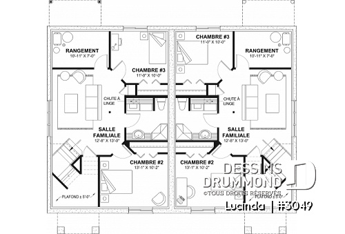 Sous-sol aménagé - Plan de Jumelé avec sous-sol aménagé optionnel ($), chambre des maîtres au r-d-c, 1 à 3 chambres, entrée split - Lucinda 