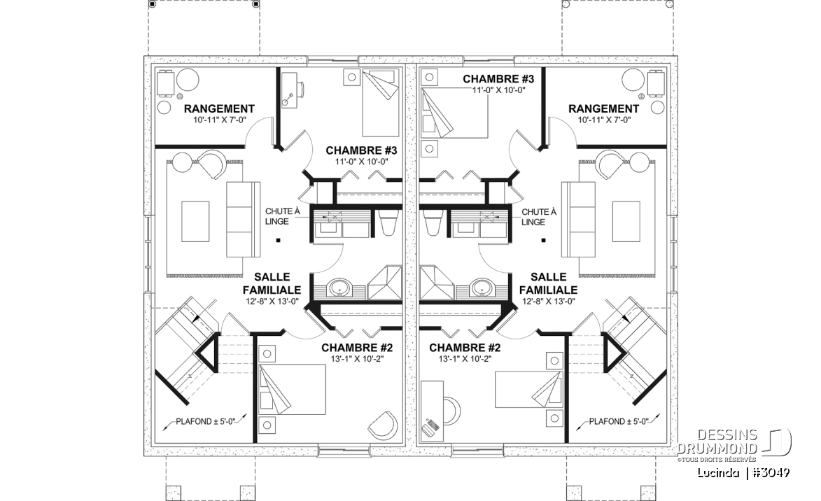 Sous-sol aménagé (Optionel $) - Plan de Jumelé avec sous-sol aménagé optionnel ($), chambre des maîtres au r-d-c, 1 à 3 chambres, entrée split - Lucinda 
