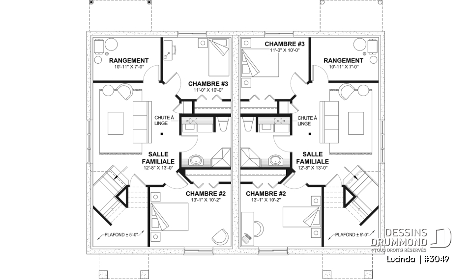 Sous-sol aménagé (Optionel $) - Plan de Jumelé avec sous-sol aménagé optionnel ($), chambre des maîtres au r-d-c, 1 à 3 chambres, entrée split - Lucinda 