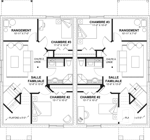 Sous-sol aménagé (Optionel $) - Plan de Jumelé avec sous-sol aménagé optionnel ($), chambre des maîtres au r-d-c, 1 à 3 chambres, entrée split - Lucinda 