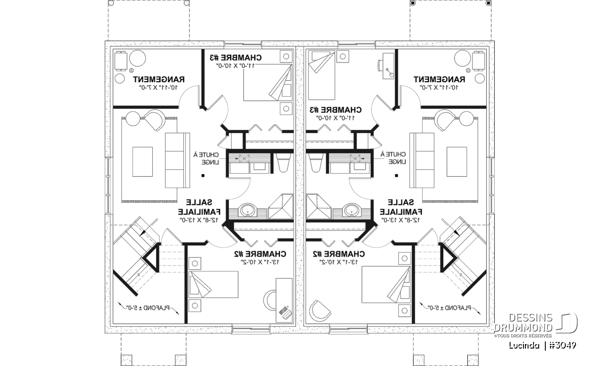 Sous-sol aménagé (Optionel $) - Plan de Jumelé avec sous-sol aménagé optionnel ($), chambre des maîtres au r-d-c, 1 à 3 chambres, entrée split - Lucinda 