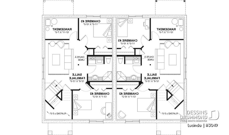 Sous-sol aménagé (Optionel $) - Plan de Jumelé avec sous-sol aménagé optionnel ($), chambre des maîtres au r-d-c, 1 à 3 chambres, entrée split - Lucinda 