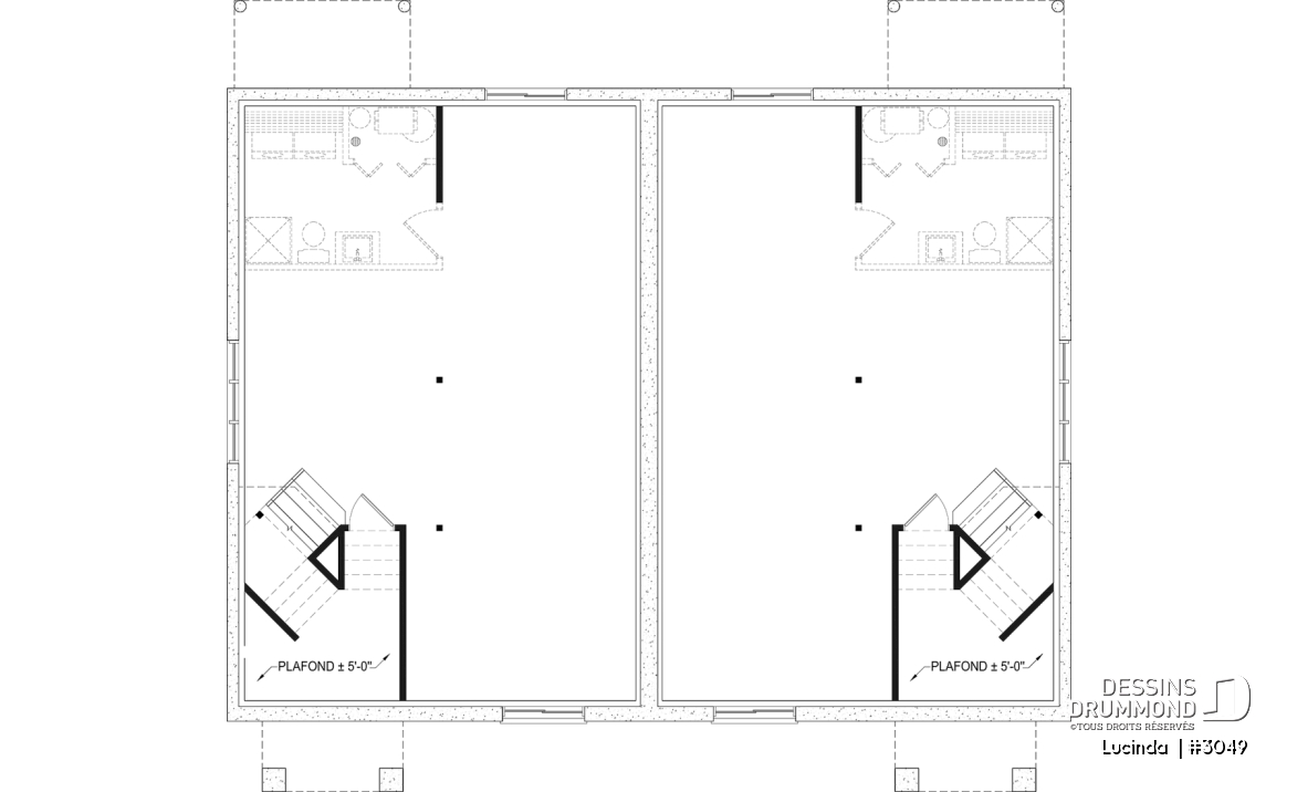 Sous-sol aménageable - Plan de Jumelé avec sous-sol aménagé optionnel ($), chambre des maîtres au r-d-c, 1 à 3 chambres, entrée split - Lucinda 