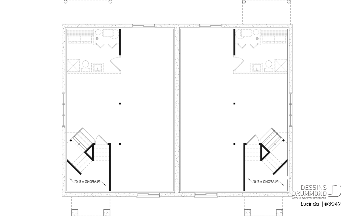 Sous-sol aménageable - Plan de Jumelé avec sous-sol aménagé optionnel ($), chambre des maîtres au r-d-c, 1 à 3 chambres, entrée split - Lucinda 