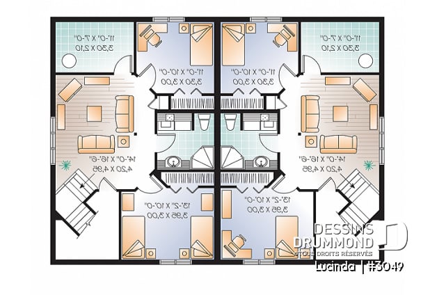 Sous-sol - Plan de Jumelé de 3 chambres par unité, entrée split, chambre des maîtres au r-d-c, 2 salles de bain - Lucinda 