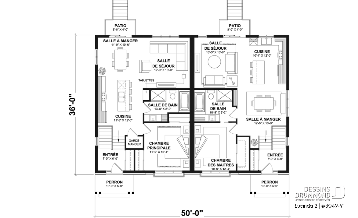 Rez-de-chaussée - Plan maison jumelée, 2 options au r-d-c, 3 chambres, 2 salles de bain et 2 salles familiales - Lucinda 2