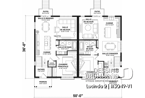 Rez-de-chaussée - Plan maison jumelée, 2 options au r-d-c, 3 chambres, 2 salles de bain et 2 salles familiales - Lucinda 2