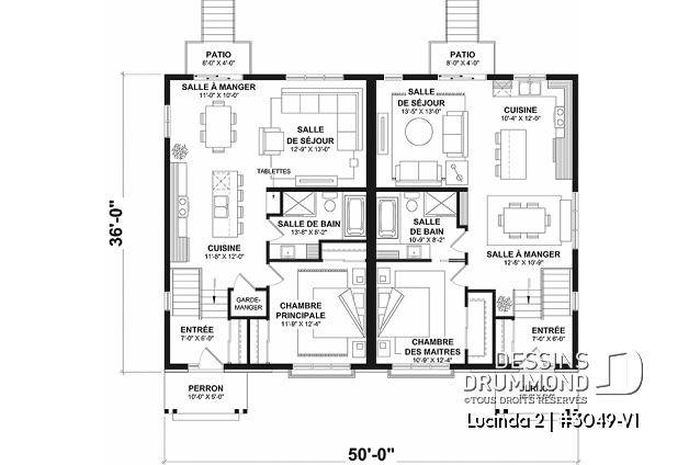 Rez-de-chaussée - Plan maison jumelée, 2 options au r-d-c, 3 chambres, 2 salles de bain et 2 salles familiales - Lucinda 2