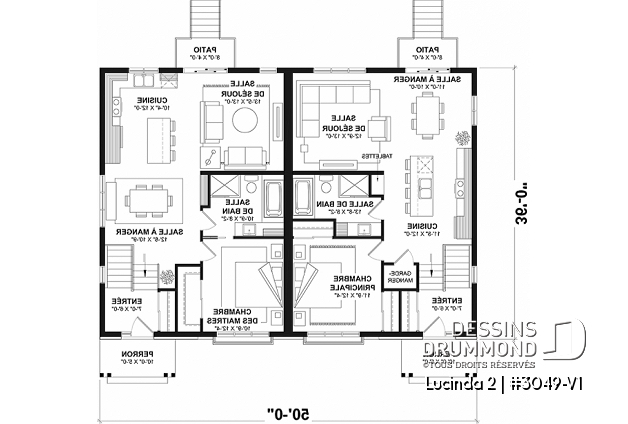 Rez-de-chaussée - Plan maison jumelée, 2 options au r-d-c, 3 chambres, 2 salles de bain et 2 salles familiales - Lucinda 2