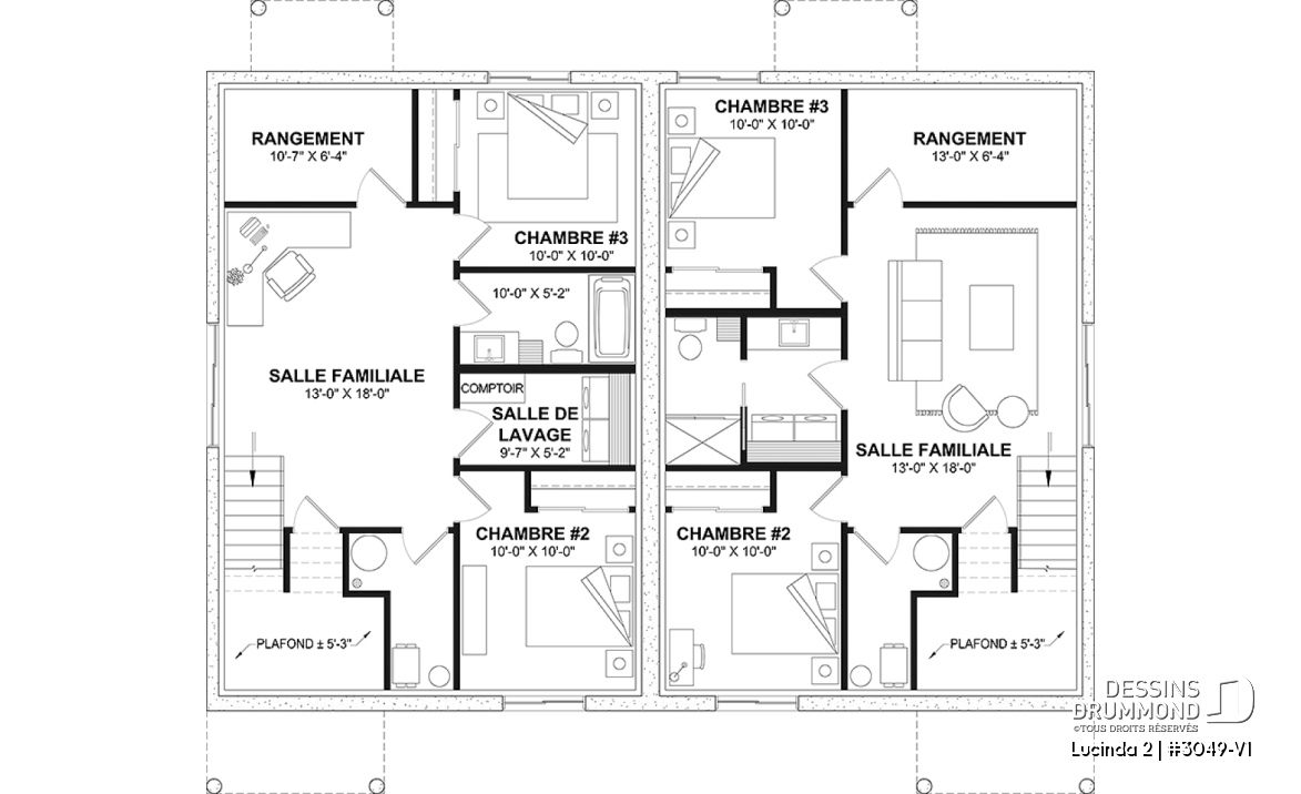 Sous-sol - Plan maison jumelée, 2 options au r-d-c, 3 chambres, 2 salles de bain et 2 salles familiales - Lucinda 2