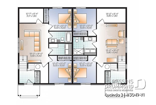 Sous-sol - Plan maison jumelée, 2 options au r-d-c, 3 chambres, 2 salles de bain et 2 salles familiales - Lucinda 2