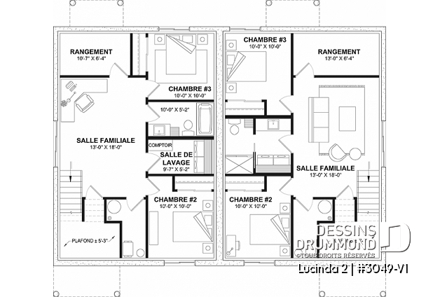 Sous-sol - Plan maison jumelée, 2 options au r-d-c, 3 chambres, 2 salles de bain et 2 salles familiales - Lucinda 2