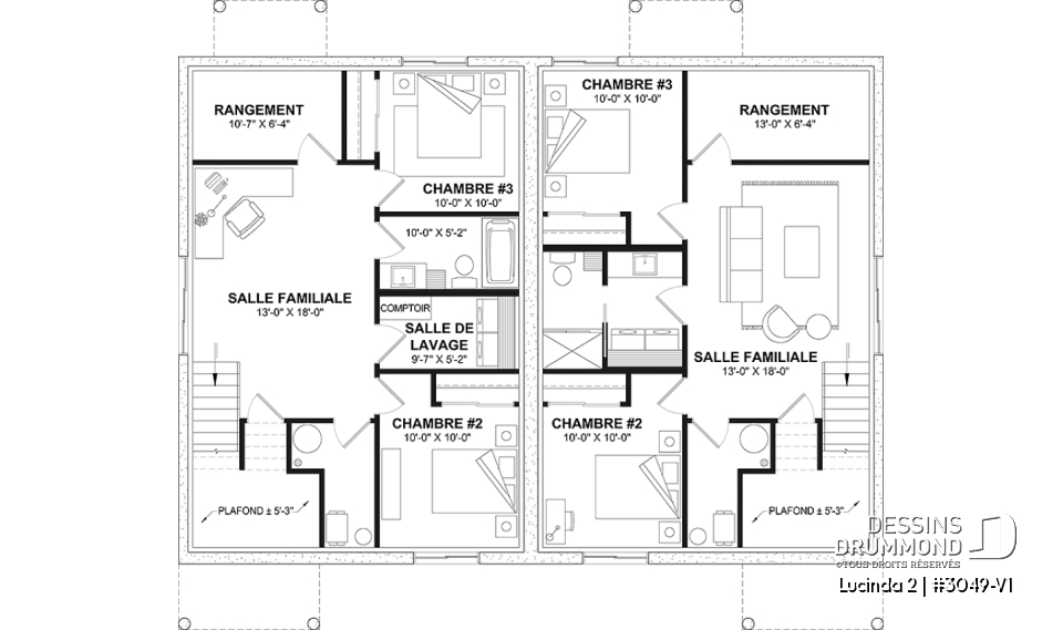 Sous-sol - Plan maison jumelée, 2 options au r-d-c, 3 chambres, 2 salles de bain et 2 salles familiales - Lucinda 2