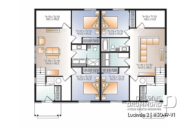 Sous-sol - Plan maison jumelée, 2 options au r-d-c, 3 chambres, 2 salles de bain et 2 salles familiales - Lucinda 2