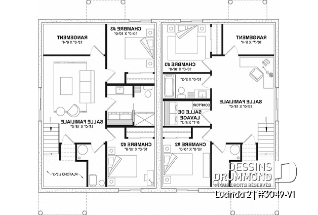 Sous-sol - Plan maison jumelée, 2 options au r-d-c, 3 chambres, 2 salles de bain et 2 salles familiales - Lucinda 2