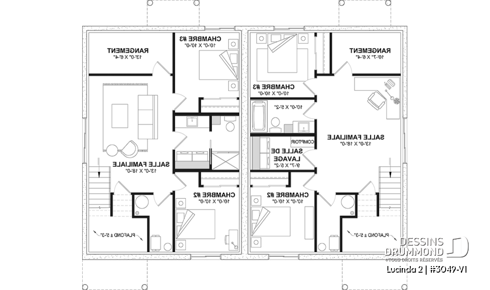 Sous-sol - Plan maison jumelée, 2 options au r-d-c, 3 chambres, 2 salles de bain et 2 salles familiales - Lucinda 2