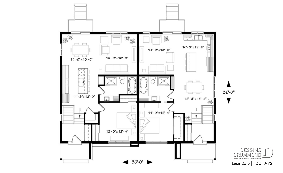 Rez-de-chaussée - Plan maison jumelée moderne, planchers différents à chaque unité, 3 chambres, 2 s.bain - Lucinda 3
