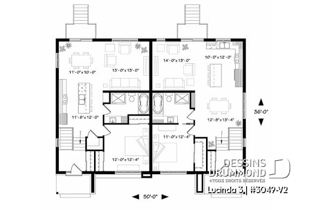 Rez-de-chaussée - Plan maison jumelée moderne, planchers différents à chaque unité, 3 chambres, 2 s.bain - Lucinda 3