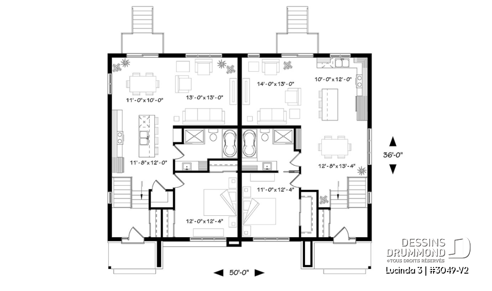 Rez-de-chaussée - Plan maison jumelée moderne, planchers différents à chaque unité, 3 chambres, 2 s.bain - Lucinda 3