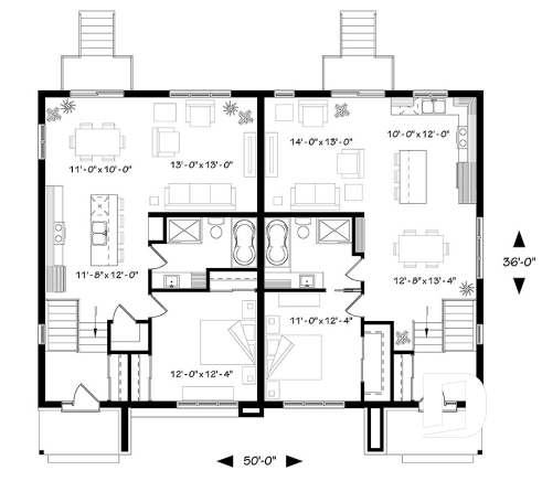 Rez-de-chaussée - Plan maison jumelée moderne, planchers différents à chaque unité, 3 chambres, 2 s.bain - Lucinda 3