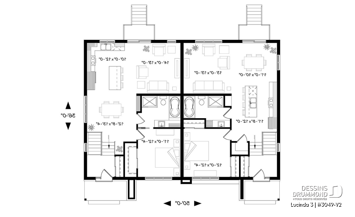 Rez-de-chaussée - Plan maison jumelée moderne, planchers différents à chaque unité, 3 chambres, 2 s.bain - Lucinda 3