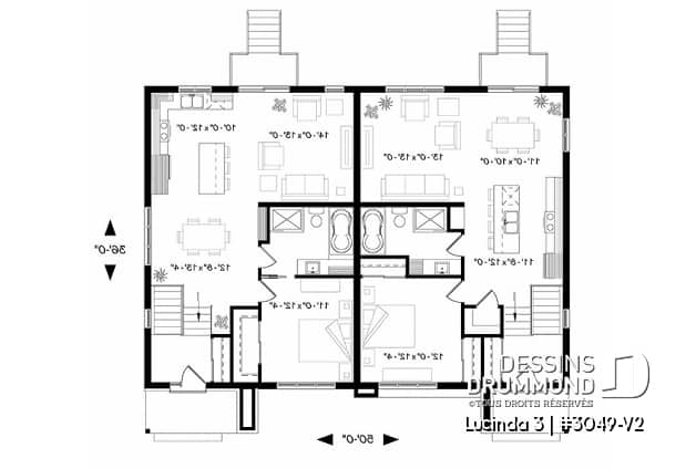 Rez-de-chaussée - Plan maison jumelée moderne, planchers différents à chaque unité, 3 chambres, 2 s.bain - Lucinda 3